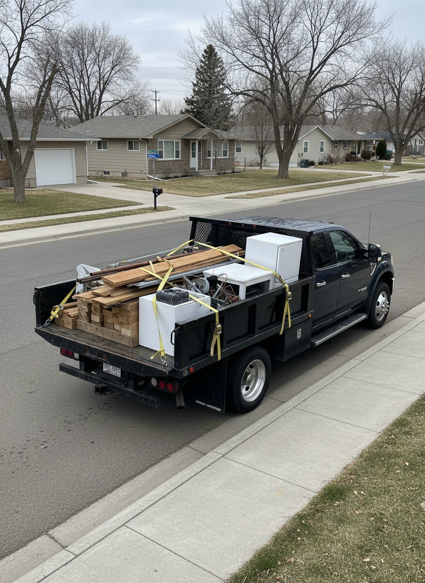 A sturdy, dark-blue junk hauling truck parked beside a tidy residential curb in Evansville, Wyoming, its open bed neatly loaded with sorted construction debris, broken wood, and old metal items, all strapped down securely. The truck is spotless, with reflective surfaces and organized tools stored in mounted side boxes, emphasizing professionalism and care. Surrounding it, modest single-story homes and wide streets hint at a quiet local neighborhood. Captured in bright midday overcast light that gives even, diffused illumination with minimal harsh shadows. The camera angle is slightly elevated, showing the truck bed and surroundings clearly. The mood is reliable and efficient, with a clean, modern photographic realism that highlights respect for property and careful handling of junk and debris.