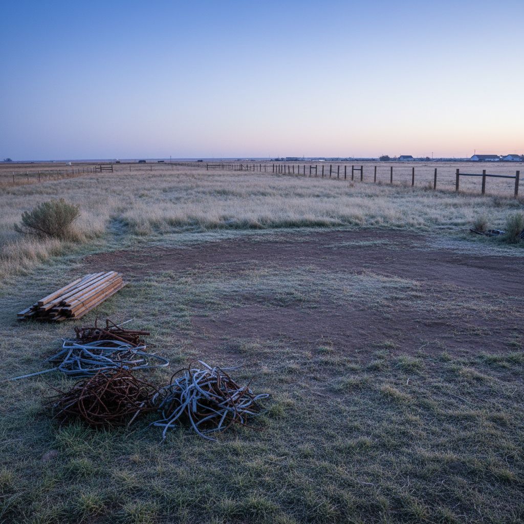 A spacious rural backyard outside Bar Nunn at dawn, captured in photographic realism, showcasing a thorough junk and debris removal cleanup. In the foreground, there is a freshly cleared patch of compacted dirt where old sheds once stood, now free of twisted metal, broken boards, and scattered trash. A small, neatly stacked pile of reclaimed lumber and sorted scrap metal sits off to one side, ready for hauling. Frost-touched grass and a distant fence line frame the scene. Soft, cool morning light spreads evenly across the yard, casting long, gentle shadows and a peaceful blue tint. The camera is positioned at a slightly elevated angle, with sharp focus and a wide composition that emphasizes openness and renewal. The atmosphere is calm, orderly, and reassuring, highlighting lasting cleanups after light demolition work.