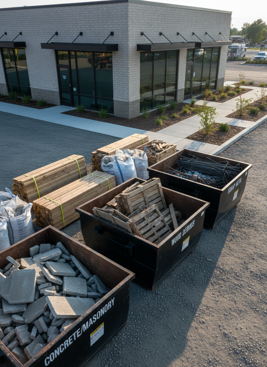 A realistic photographic close-up of a well-organized construction site cleanup outside a small commercial building in Casper, Wyoming. In the foreground, labeled heavy-duty dumpsters and metal bins contain sorted concrete chunks, wood offcuts, and twisted rebar, with no trash spilling out. Stacks of neatly bundled scrap lumber and bagged debris line the edge of a gravel lot, set back carefully from the building’s entrance and landscaping. Cool late-afternoon sunlight grazes the materials from the side, creating crisp textures and gentle, directional shadows. Captured from a low, slightly angled perspective that leads the eye from the orderly piles toward the clean building facade. The mood is efficient and responsible, with a crisp, professional photographic style that conveys respect for the property and conscientious construction debris removal.